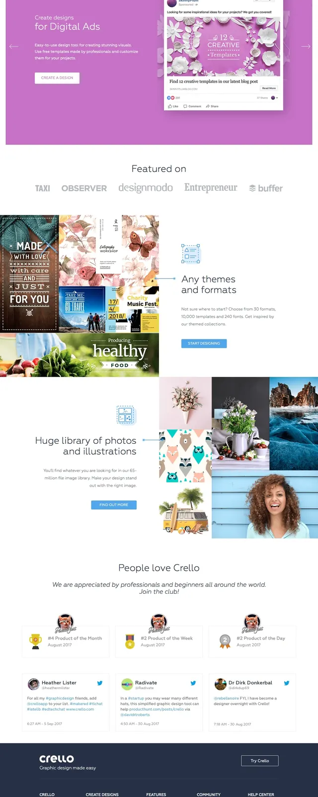 Crello colorful landing page, light-mode, flat, light