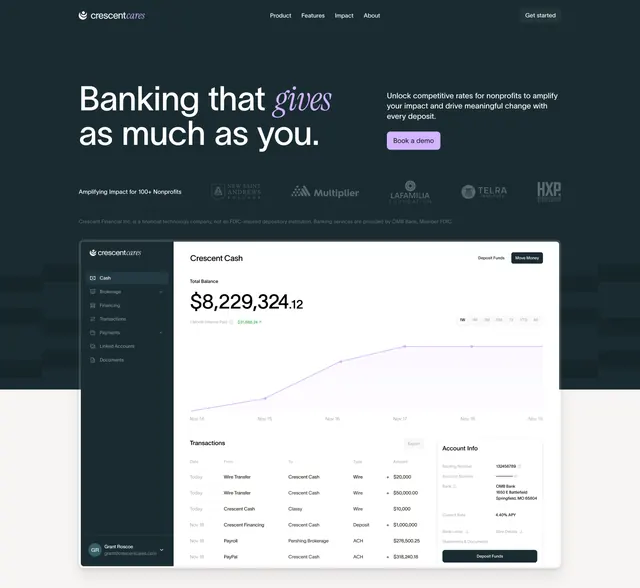 Crescent Cares banking hero with dashboard, dark-mode, minimal, dark