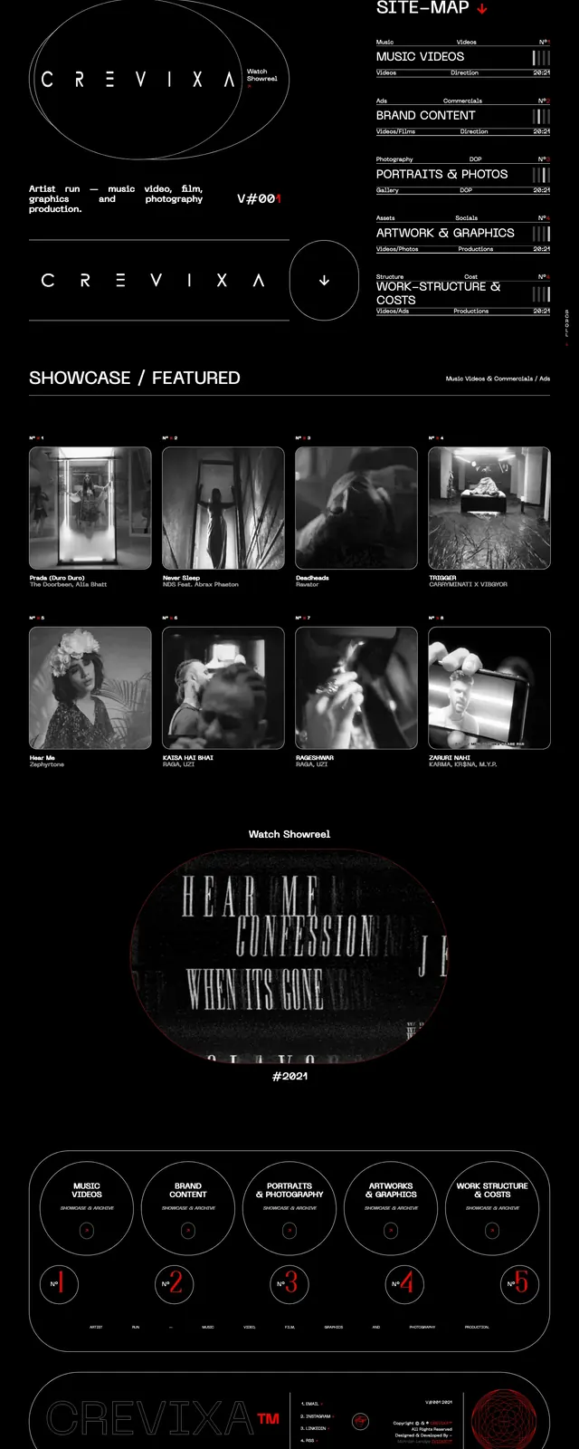 Crevixa dark portfolio grid, dark-mode, monochrome, dark