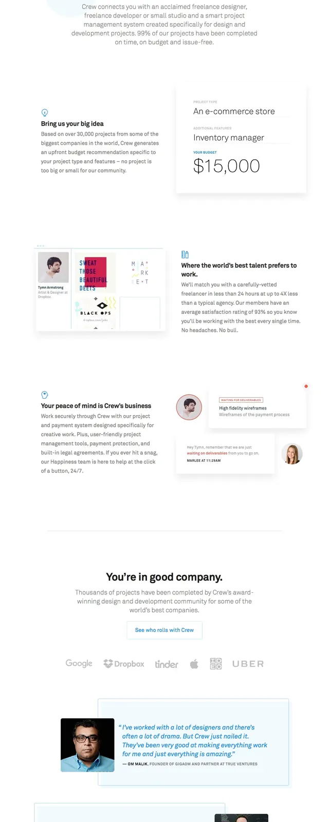Crew freelance marketplace landing page, minimal, corporate-clean, light