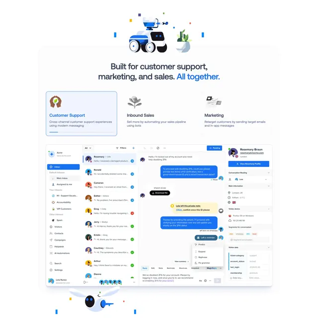 Crisp tabbed features with shared inbox mockup, light-mode, minimal, light