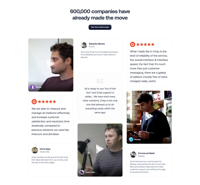 Crisp bento testimonials with video portraits, light-mode, minimal, light