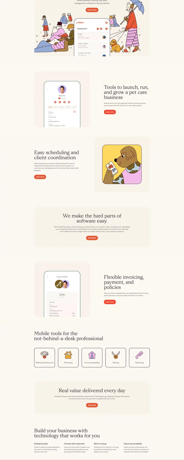 Critter pet care landing page, illustrated, editorial, light