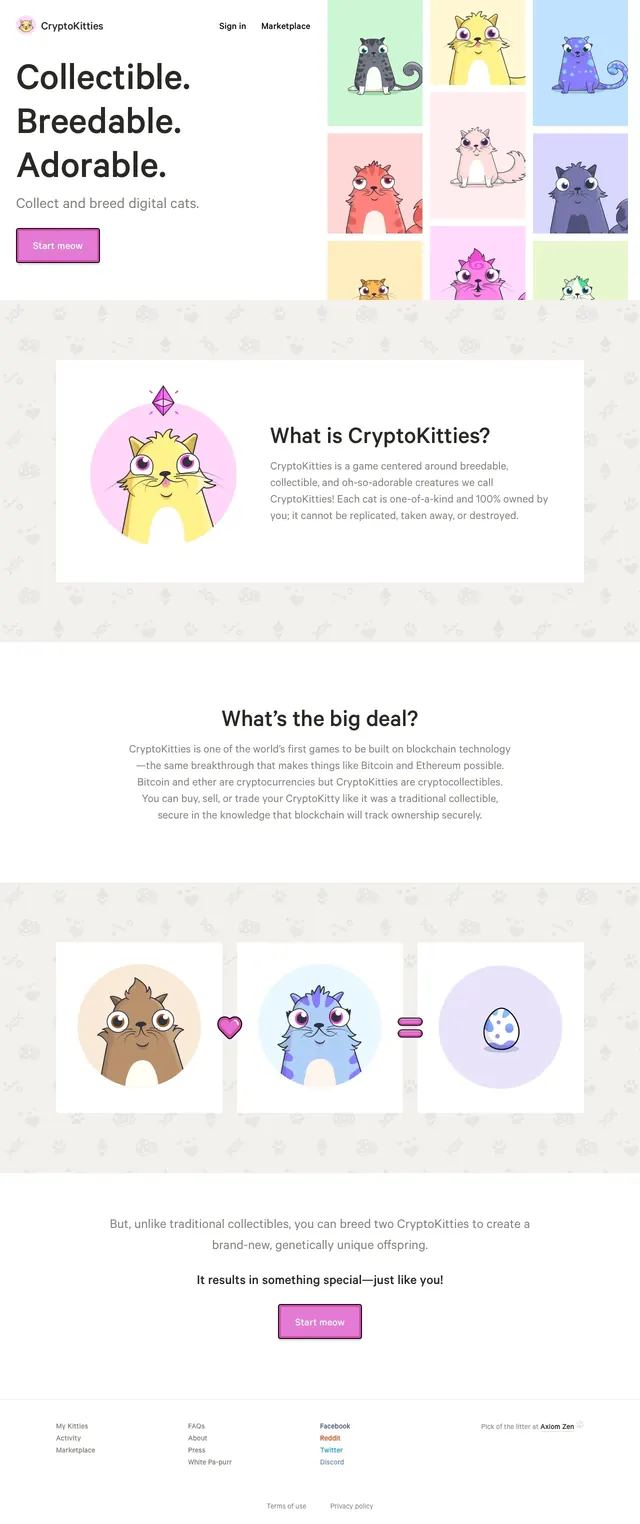 CryptoKitties playful landing page, playful, illustrated, light