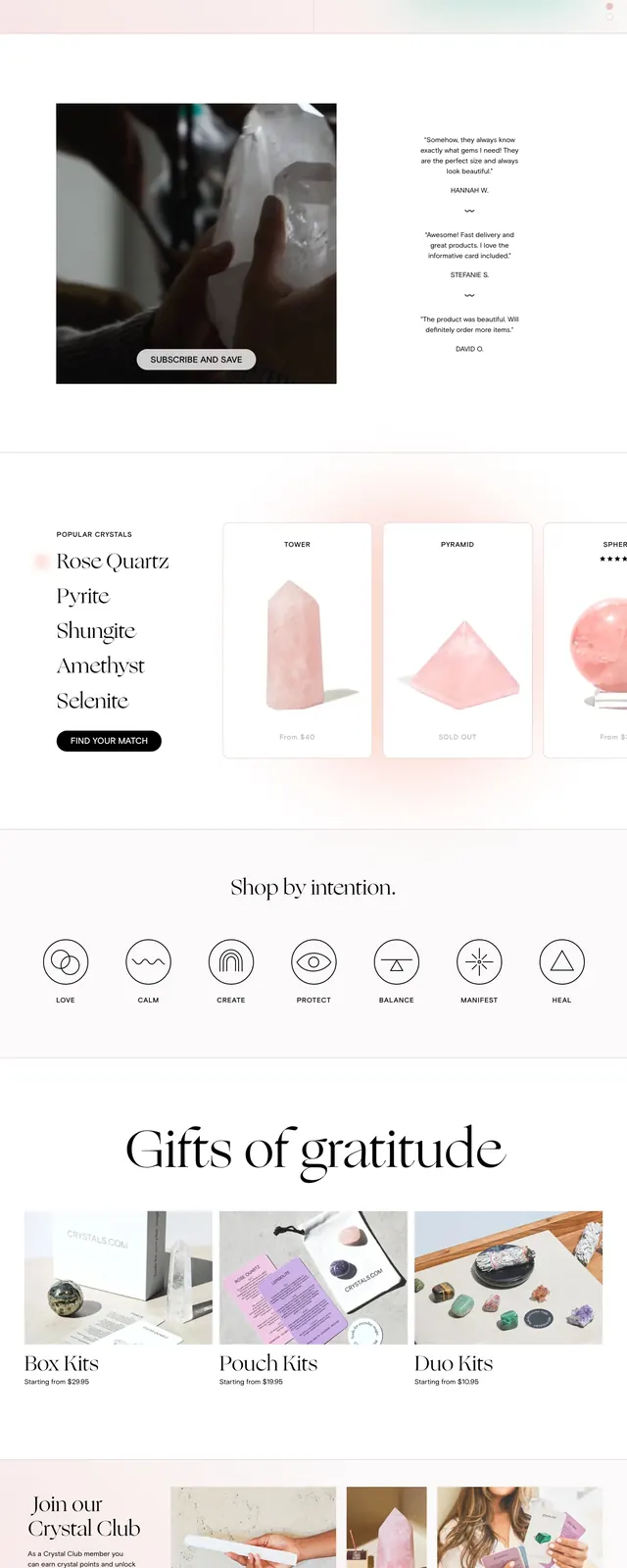 Crystals ecommerce landing page, editorial, luxury, light
