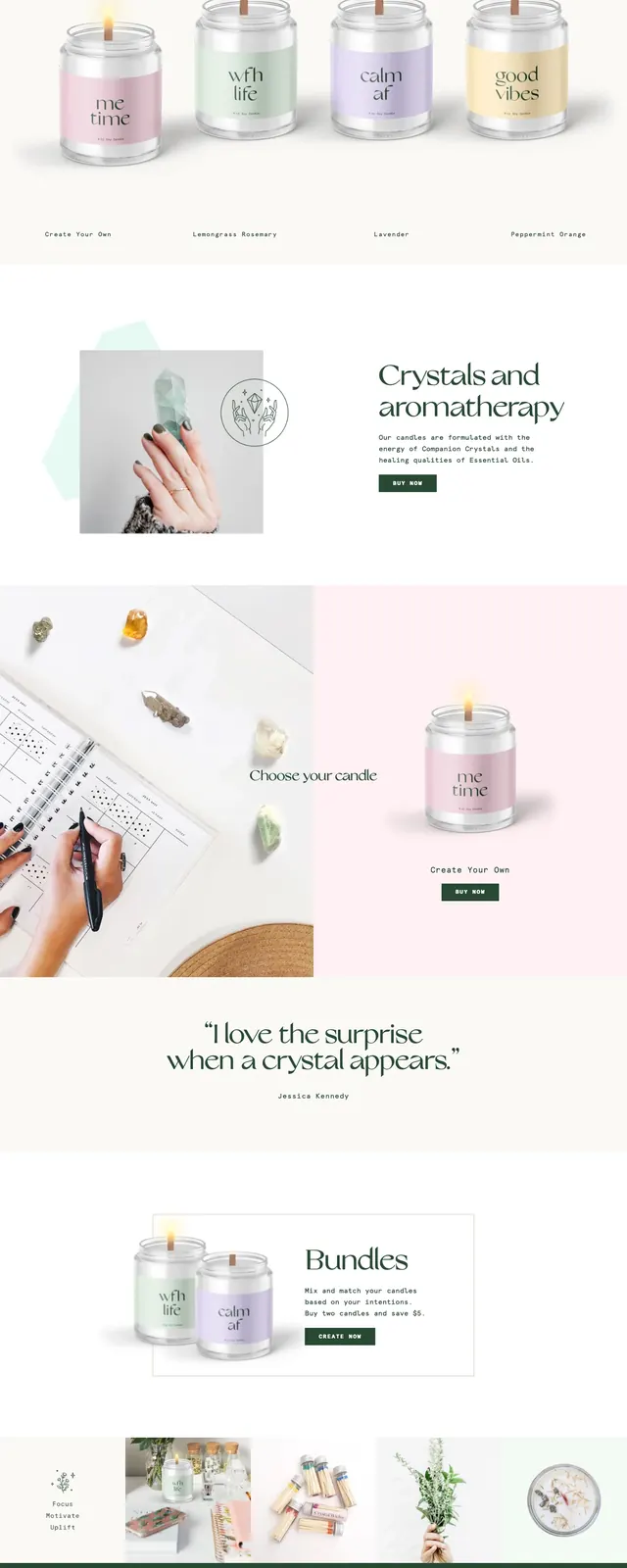 Crystal Wicks ecommerce landing page, light-mode, editorial, light