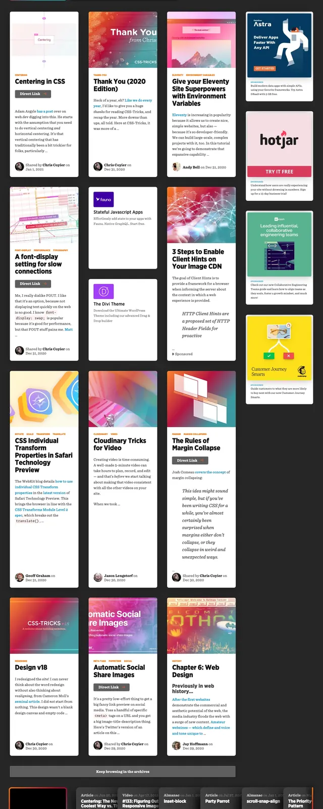 CSS-Tricks content grid, editorial, dark-mode, dark