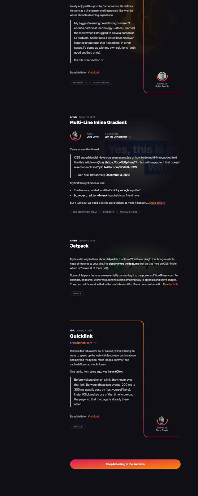 CSS-Tricks dark editorial homepage, dark-mode, editorial, dark
