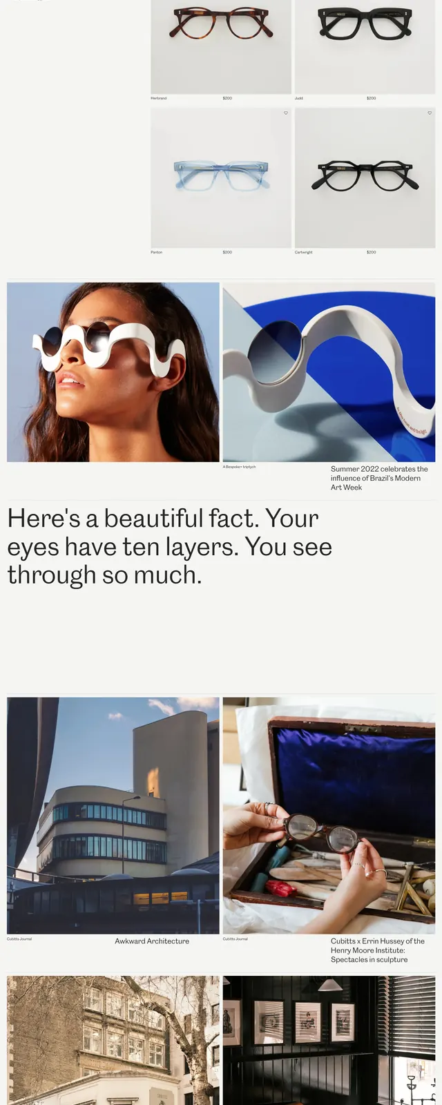 Cubitts eyewear editorial storefront, editorial, luxury, light