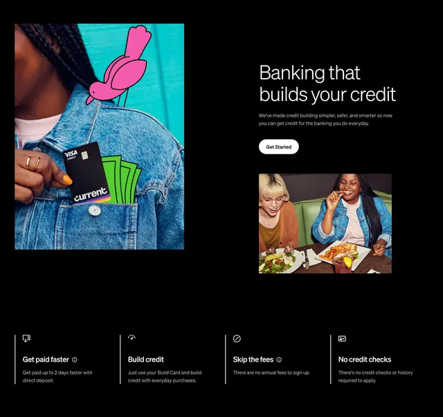 Current credit-building benefits split, dark-mode, minimal, dark