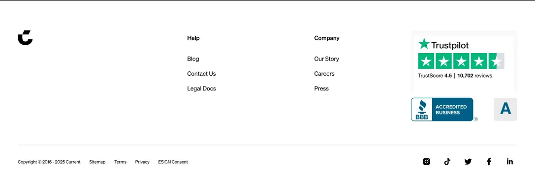 Current trust footer with ratings, minimal, light-mode, light