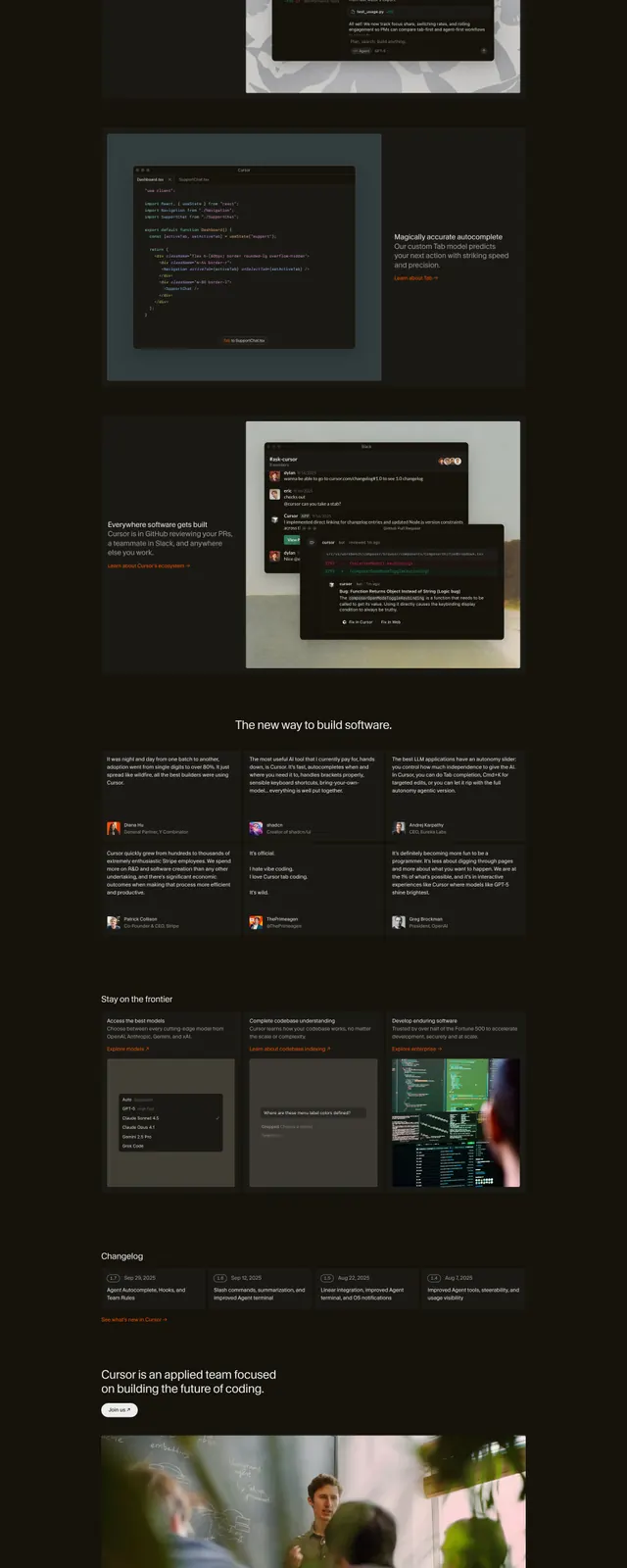 Cursor Dark Landing Page, dark-mode, editorial, dark