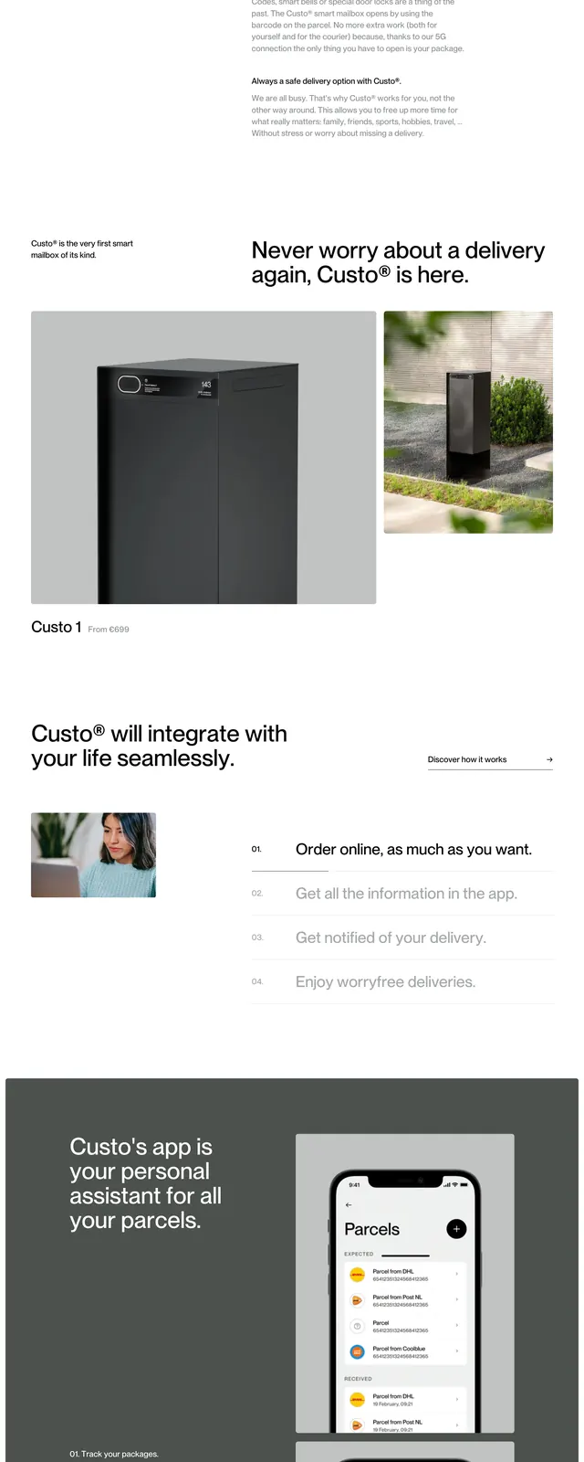 Custo Smart Mailbox Landing Page, minimal, editorial, light
