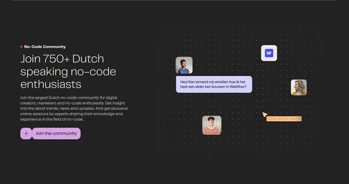 Cut the Code Dutch no-code community CTA, dark-mode, minimal, dark