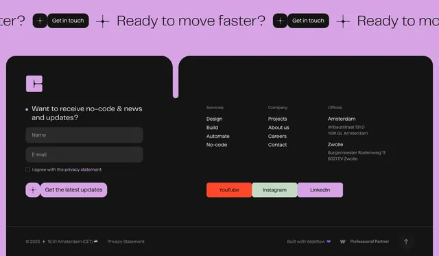 Cut the Code Webflow agency footer, dark-mode, minimal, dark
