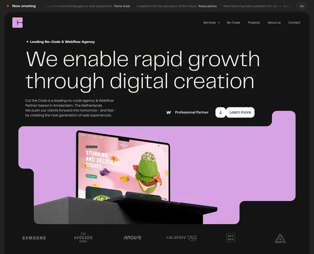 Cut the Code Webflow agency hero, dark-mode, minimal, dark