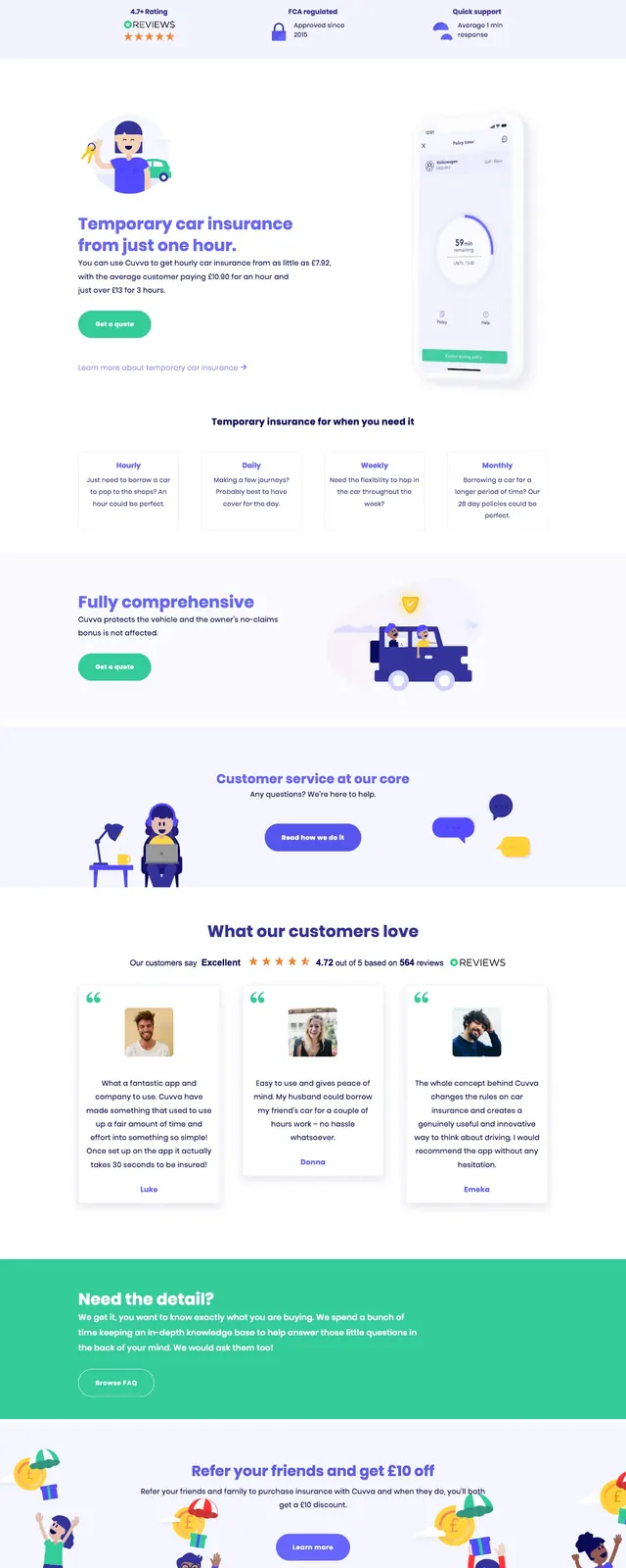 Cuvva Insurance Landing Page, illustrated, playful, light