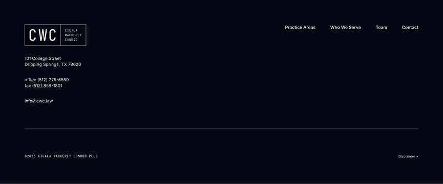 CWC minimal law firm footer, dark-mode, minimal, dark