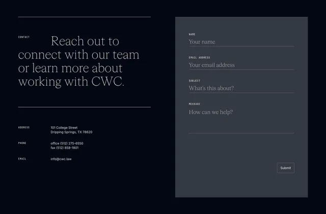 CWC contact form split layout, dark-mode, minimal, dark
