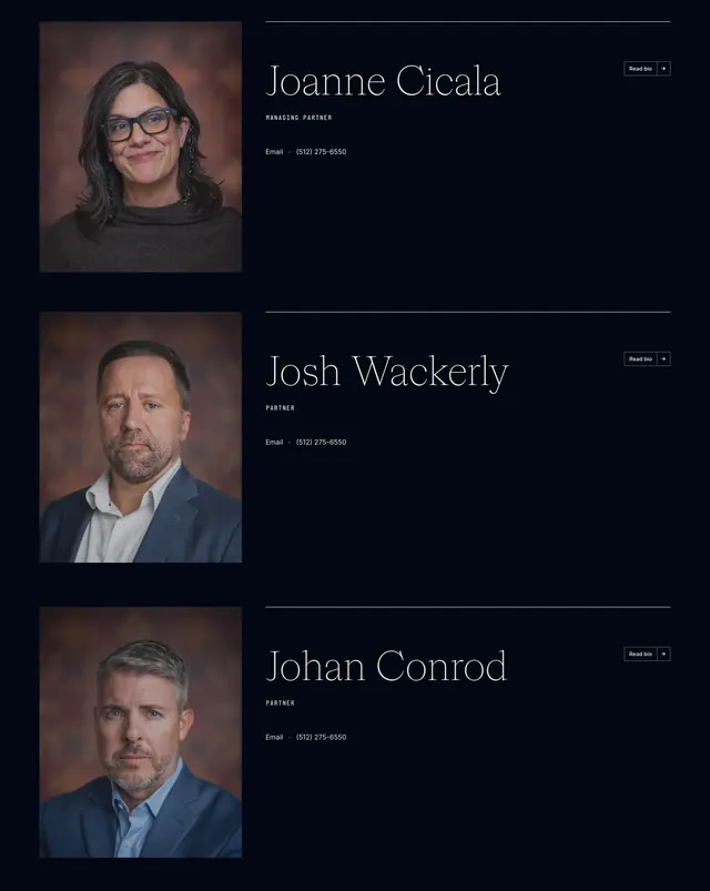 CWC partner list team section, dark-mode, editorial, dark