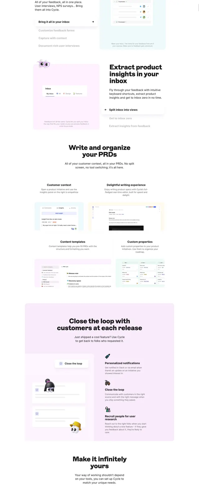 Cycle product feedback hero, playful, gradient-heavy, light