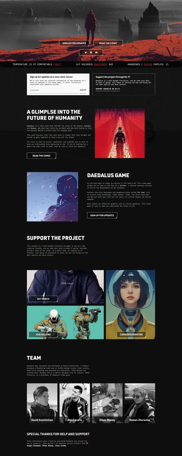 Daedalus sci-fi landing page, dark-mode, editorial, dark