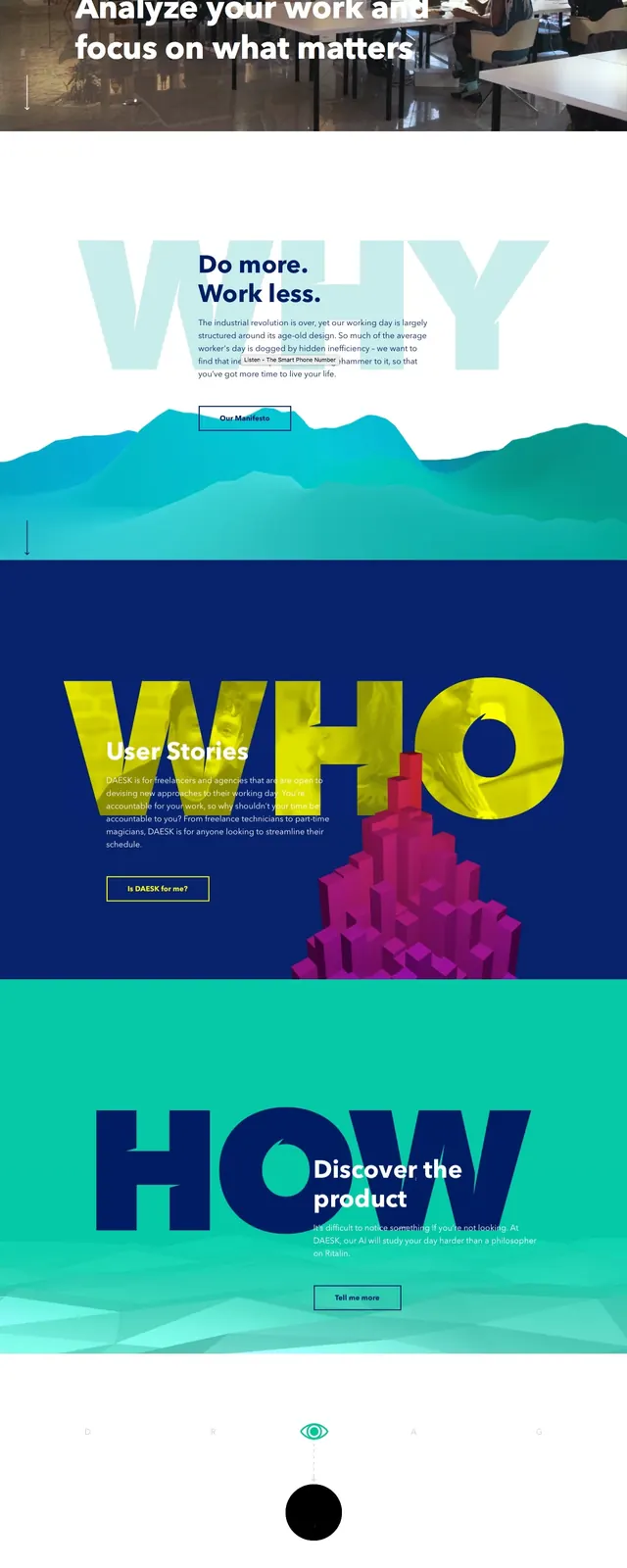 Daesk colorful SaaS landing page, editorial, gradient-heavy, dark