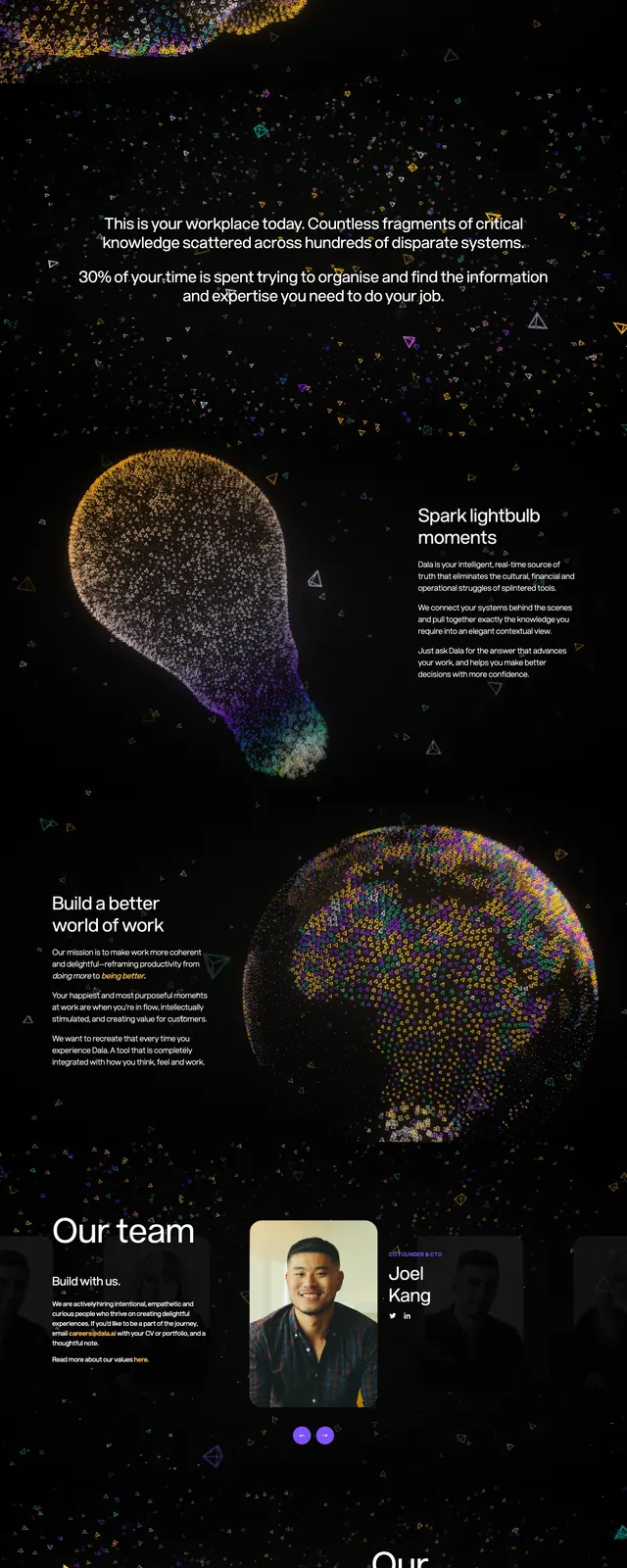 Dala dark particle hero, dark-mode, 3d-render, dark