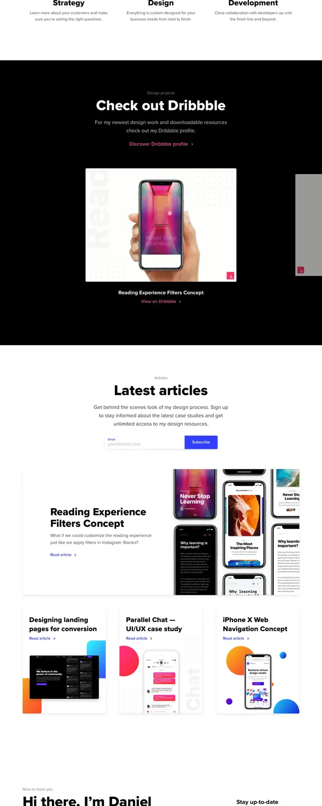 Daniel Korpai portfolio landing page, minimal, editorial, light