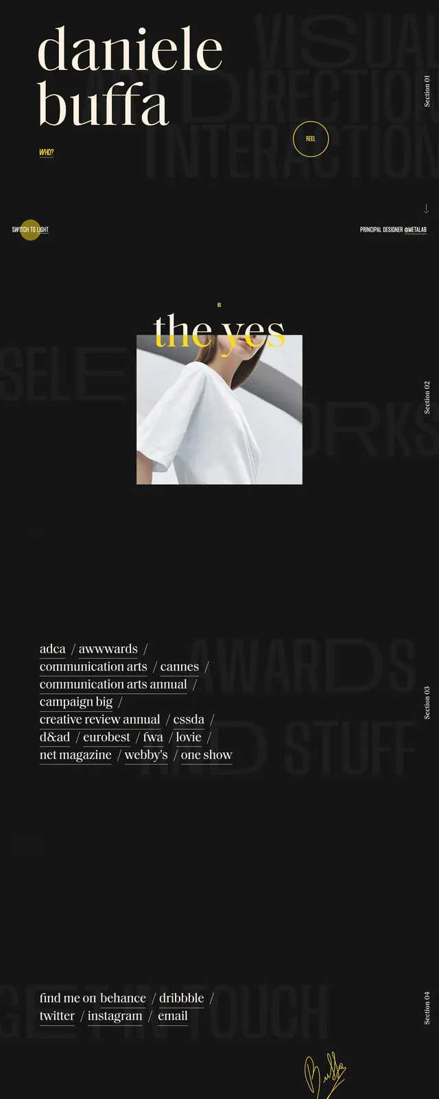Daniele Buffa portfolio hero, dark-mode, editorial, dark