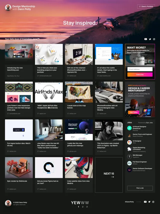 Dann Petty inspiration feed, dark-mode, editorial, dark