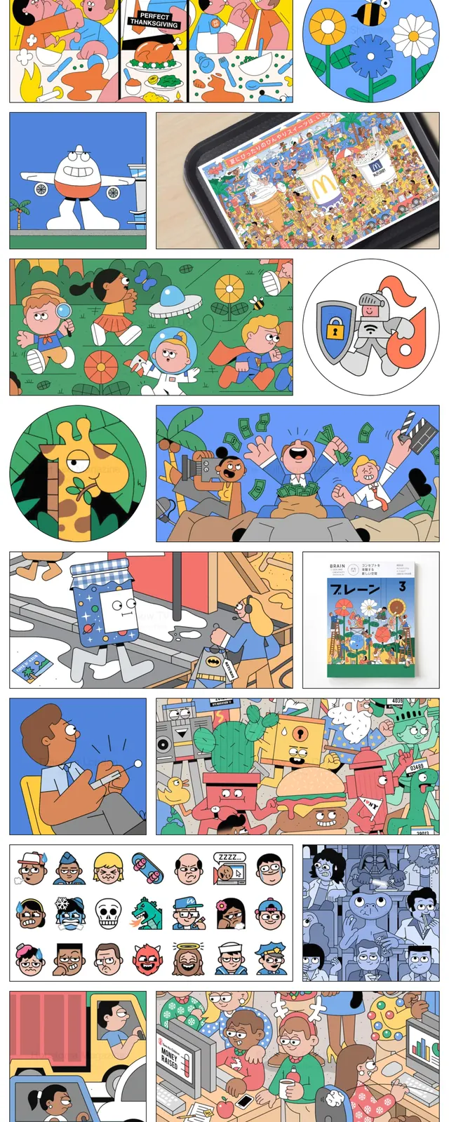 Dan Woodger Portfolio Grid, illustrated, playful, vibrant