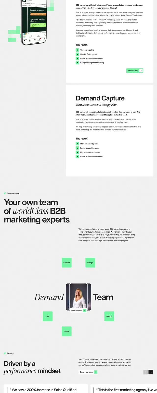Dapper B2B marketing landing page, minimal, editorial, light