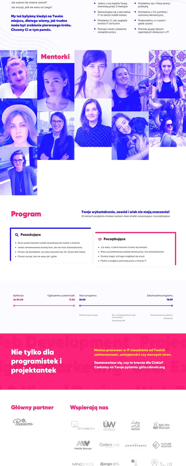 Dare IT mentorship landing page, playful, illustrated, vibrant