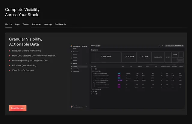 Dash0 split features with metrics explorer, dark-mode, technical, dark