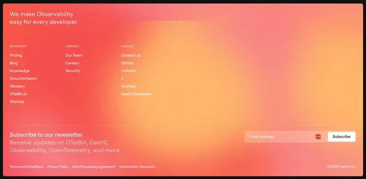 Dash0 warm gradient footer with newsletter, gradient-heavy, minimal, warm