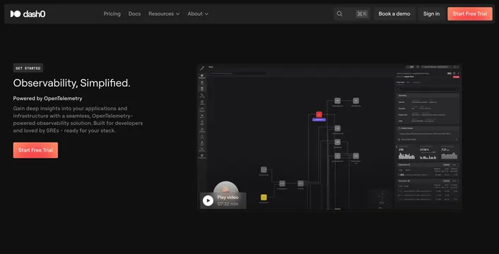 Dash0 dark hero with service-map preview, dark-mode, technical, dark