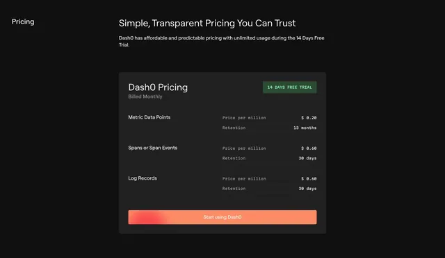 Dash0 single-card usage pricing, dark-mode, technical, dark