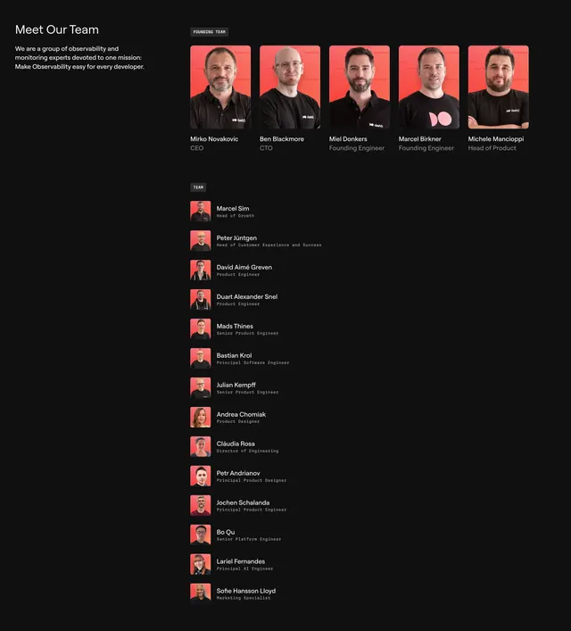 Dash0 Team Section, dark-mode, minimal, dark