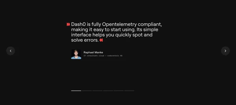 Dash0 Testimonials Section, dark-mode, minimal, dark