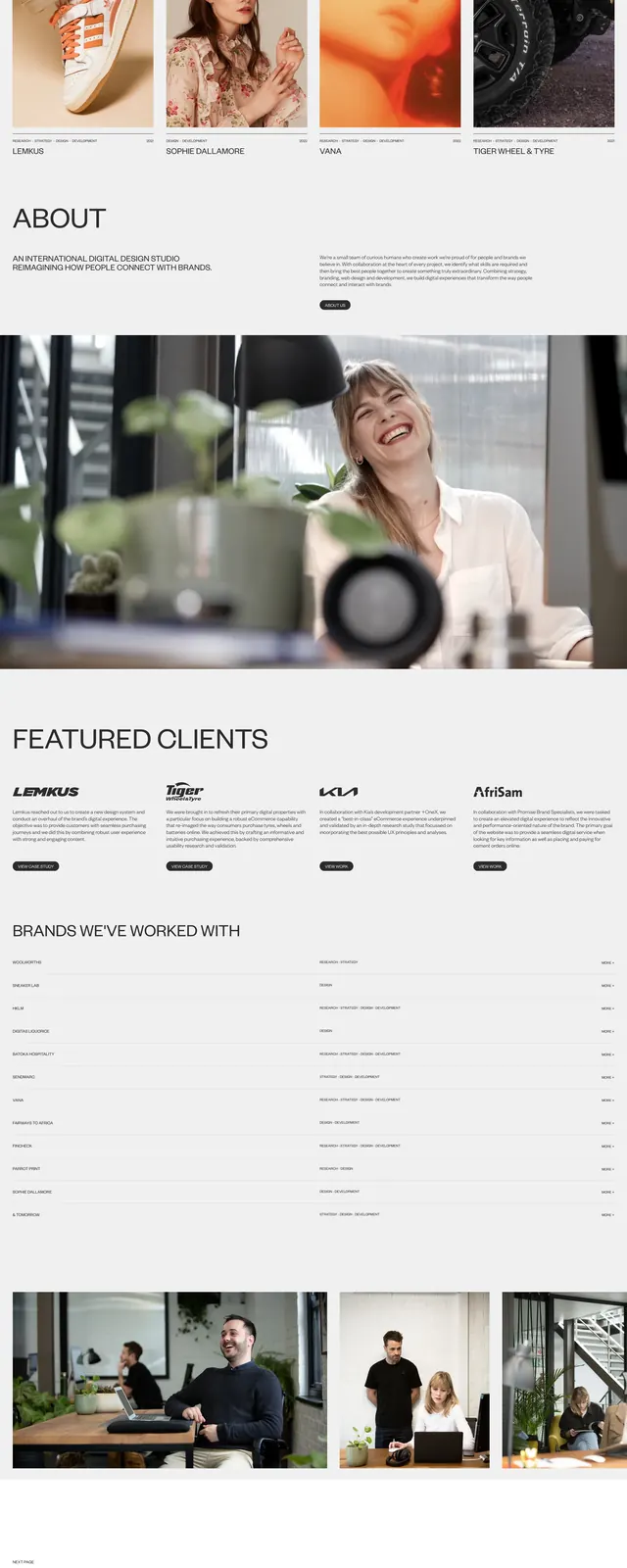 Digital design studio homepage, minimal, editorial, light