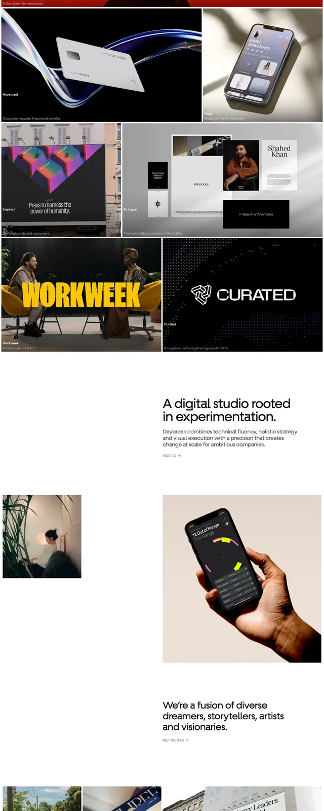 Daybreak studio homepage, minimal, editorial, light