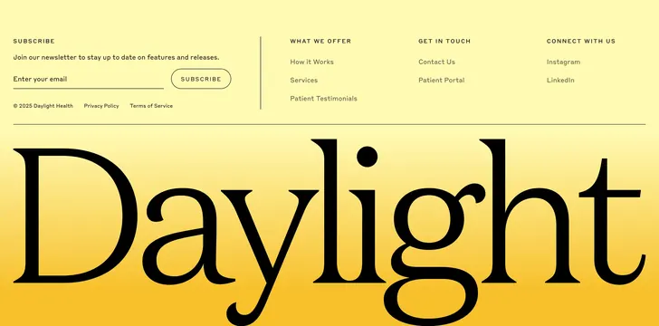 Daylight gradient footer with wordmark, minimal, light-mode, light