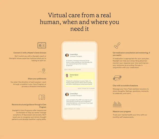 Daylight virtual care feature hub, minimal, light-mode, light