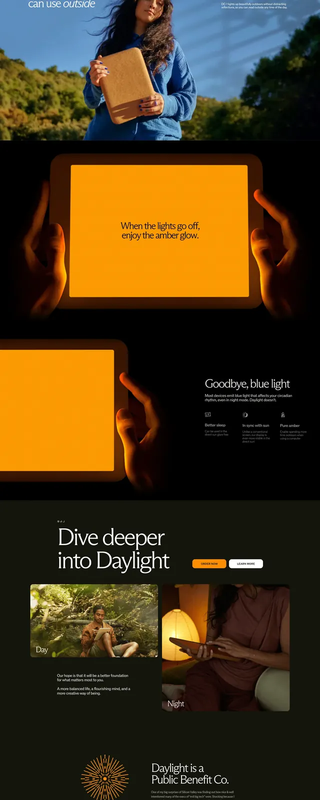 Daylight Computer landing page hero, photographic, dark-mode, dark