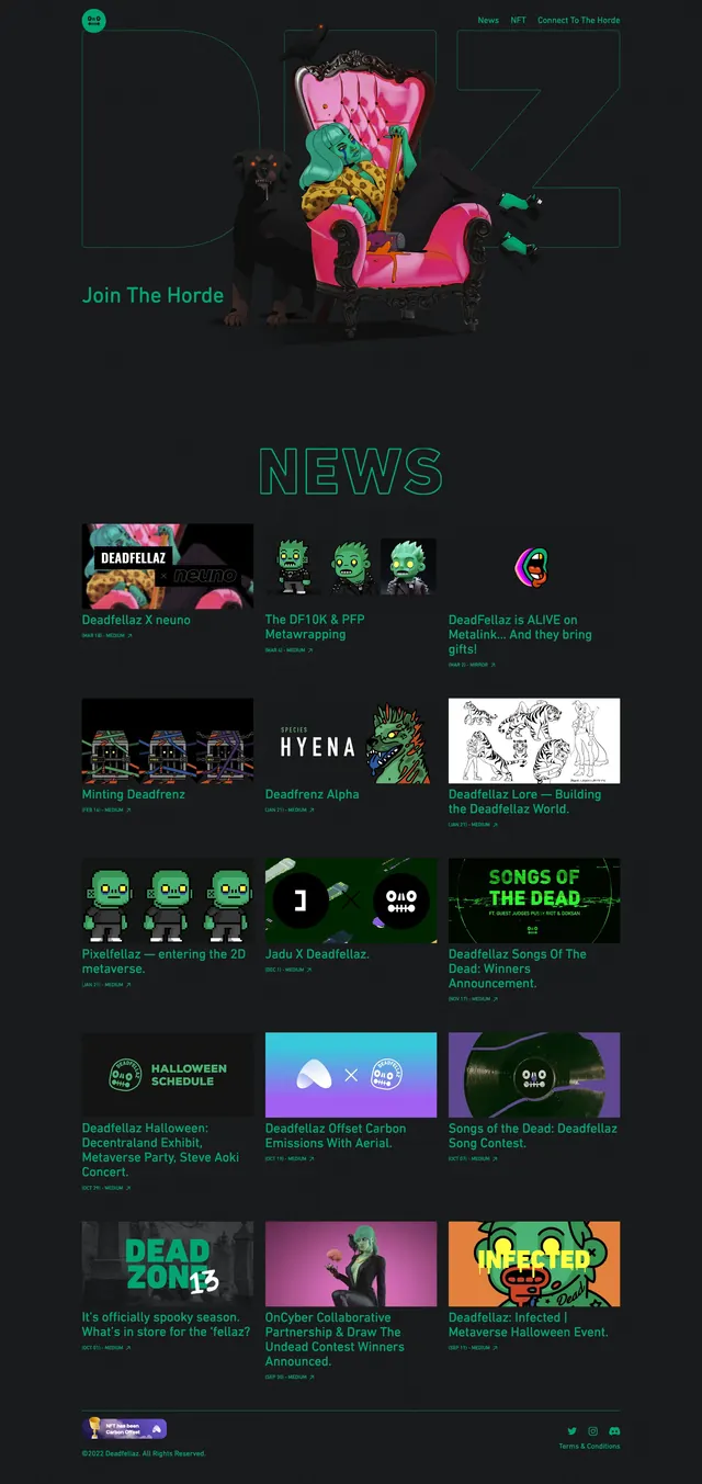 Deadfellaz dark NFT landing page, dark-mode, editorial, dark
