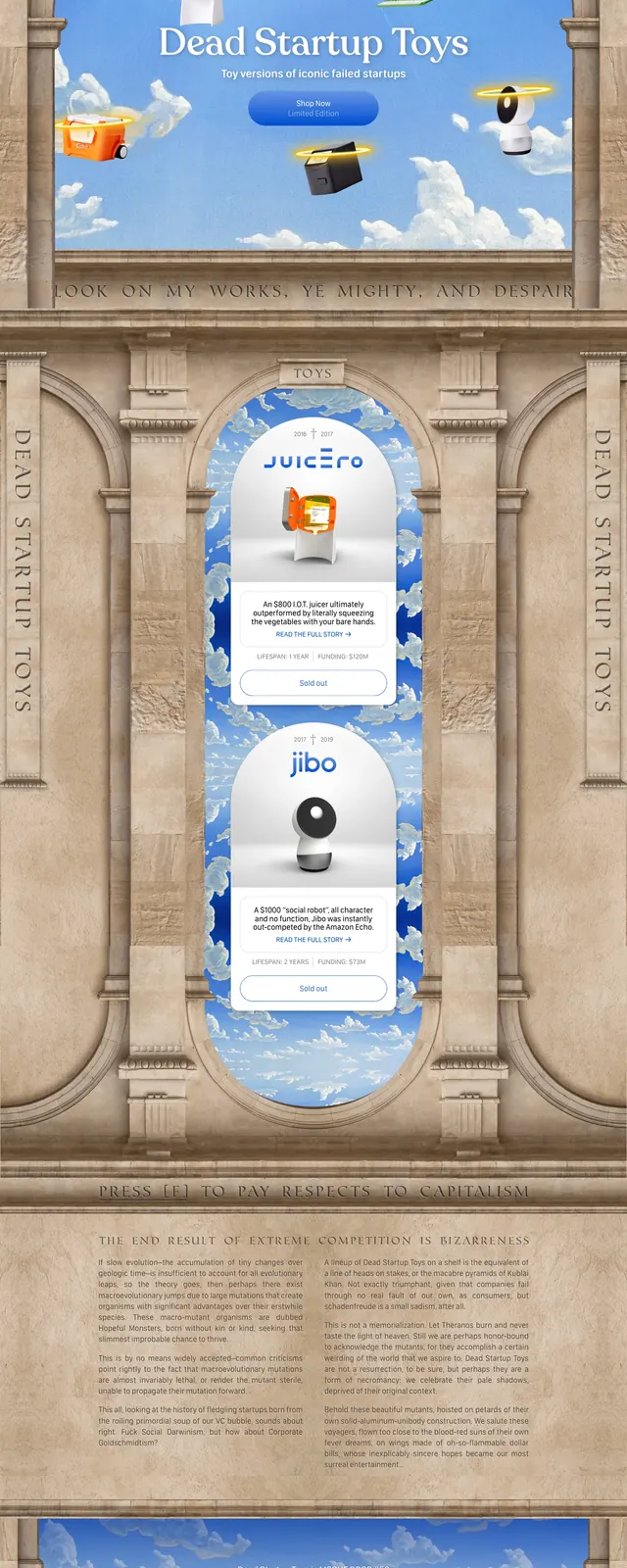 Dead Startup Toys landing page, playful, illustrated, light