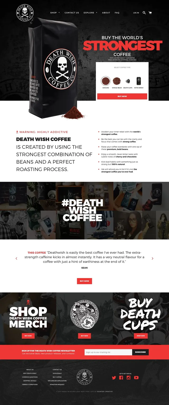 Death Wish Coffee Hero Page, dark-mode, photographic, dark