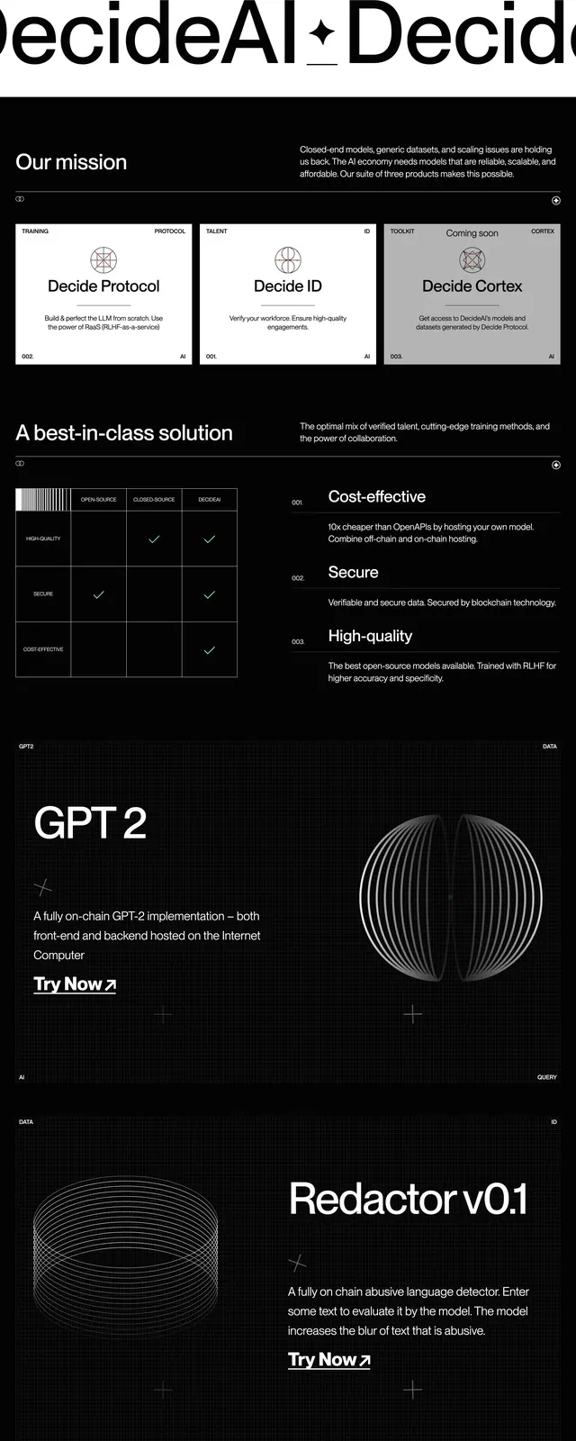 DecideAI dark AI landing page, dark-mode, editorial, dark