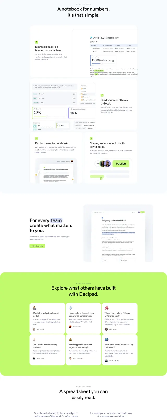 Decipad landing page, minimal, corporate-clean, light